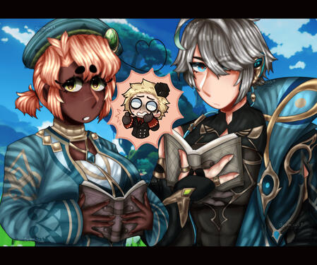 a mock-up halfbody drawings of three people, a dark-skinned person wearing a teal uniform, holding a book, a chibi version of a blond man appearing shocked, and a tall fair man with silver hair holding a book with his right hand.