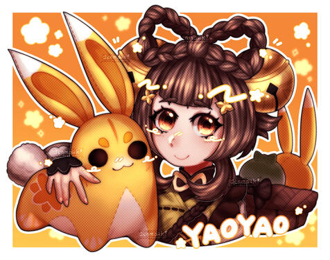 a colored bust of a young child with amber eyes and brown hair. she is seen holding a rabbit plush toy almost the same size as hers.