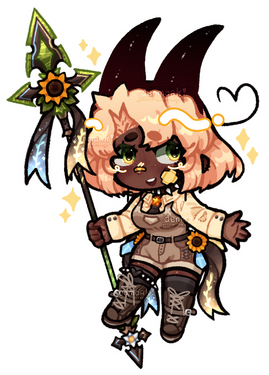 a full body of a dark-skinned chubby person with short blonde hair, wielding a lance full of plants and ribbons.