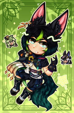 a full body of a fair-skinned humanoid with traits akin to a fennec fox; he has black hair with lime accents and a dark green tail.