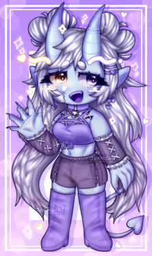 a full body of what appears to be a pale blue humanoid with white hair and yellow and purple eyes. she is seen standing with her right hand raised up in a friendly manner.